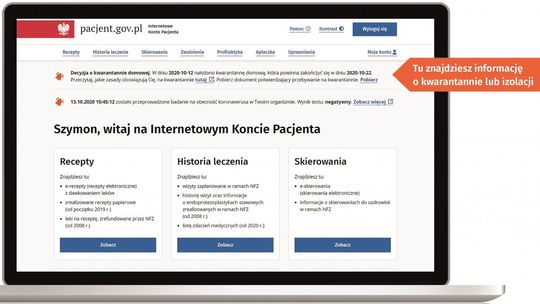 Informacja o kwarantannie lub izolacji na Internetowym Koncie Pacjent