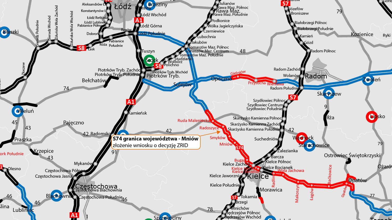 S74 Map W przyszłym roku początek budowy kolejnego odcinka drogi ekspresowej S74