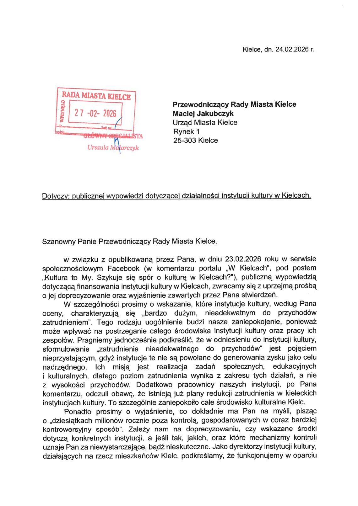 List otwarty dyrektorów kieleckich instytucji kulturalnych