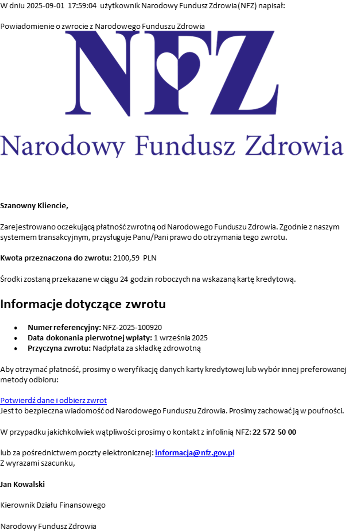 Narodowy Fundusz Zdrowia ponownie ostrzega. Kolejna próba oszustwa „na NFZ”. Jak się bronić? Narodowy Fundusz Zdrowia ponownie ostrzega. Kolejna próba oszustwa „na NFZ”. Jak się bronić?