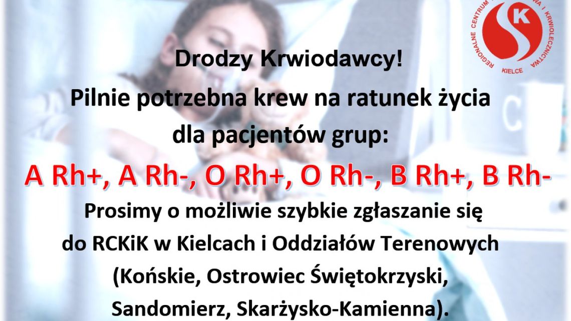 Potrzebna krew. RCKiK prosi o pilne zgłaszanie się dawców