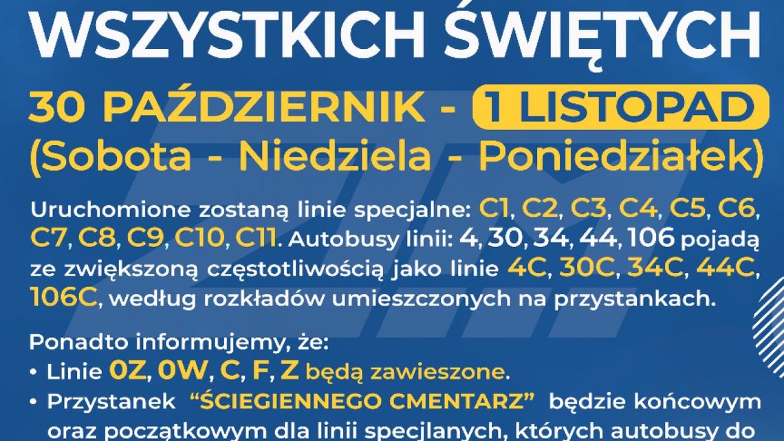 W okresie Wszystkich Świętych komunikacja miejska będzie wzmocniona o dodatkowych jedenaście specjalnych linii