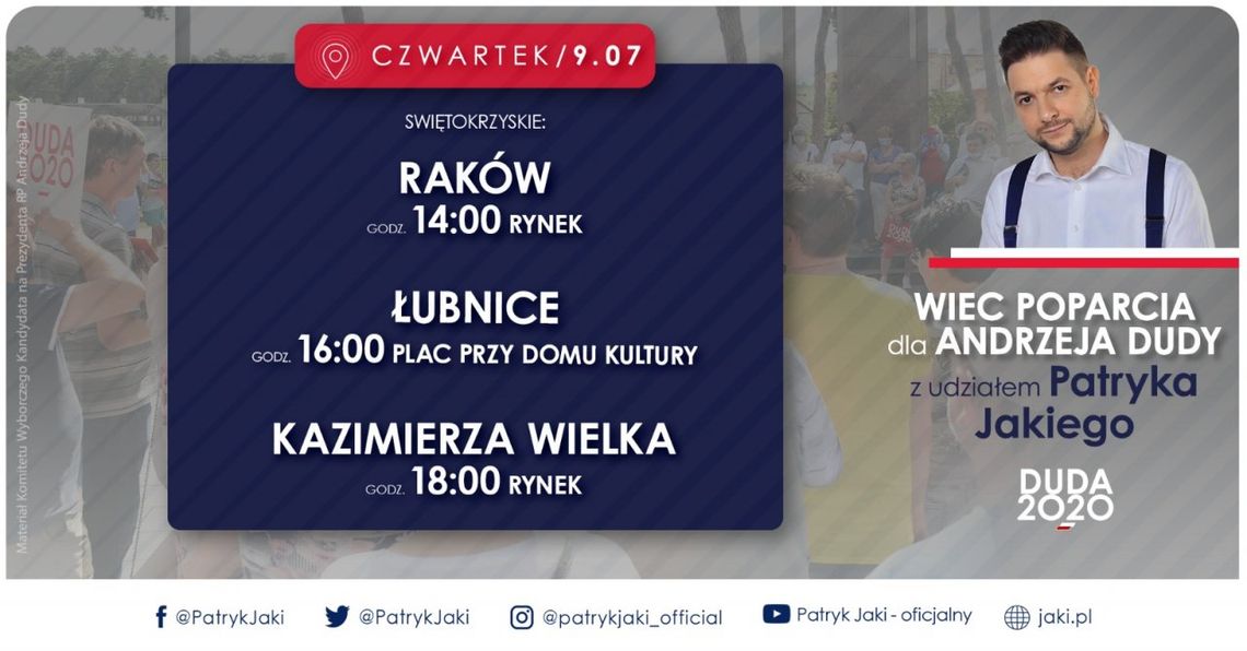 Wiec poparcia dla Andrzeja Dudy. Patryk Jaki spotka się z mieszkańcami regionu